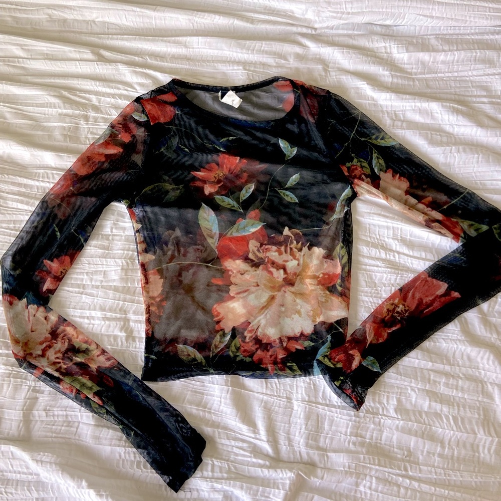 Floral Long-sleeve Mesh Top